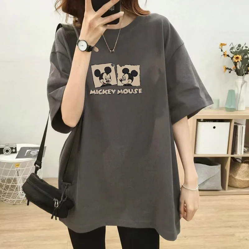 

Korean Style Women's 2026Summer Gray Mickey Print Loose Oversized Mid-Length Cotton Short Sleeve Hip-Length T-Shirt