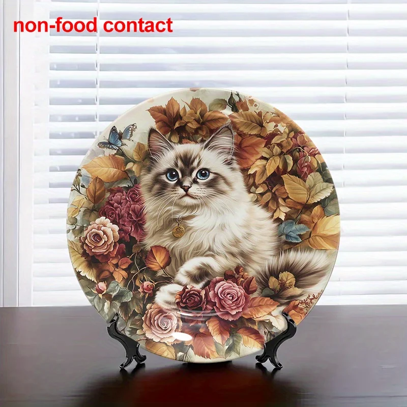 1pc Round Ceramic Hanging Wall Art Plate, 8-Inch Modern Mural Decoration, Cat and Rose Design, Perfect Home Decor, Jewelry