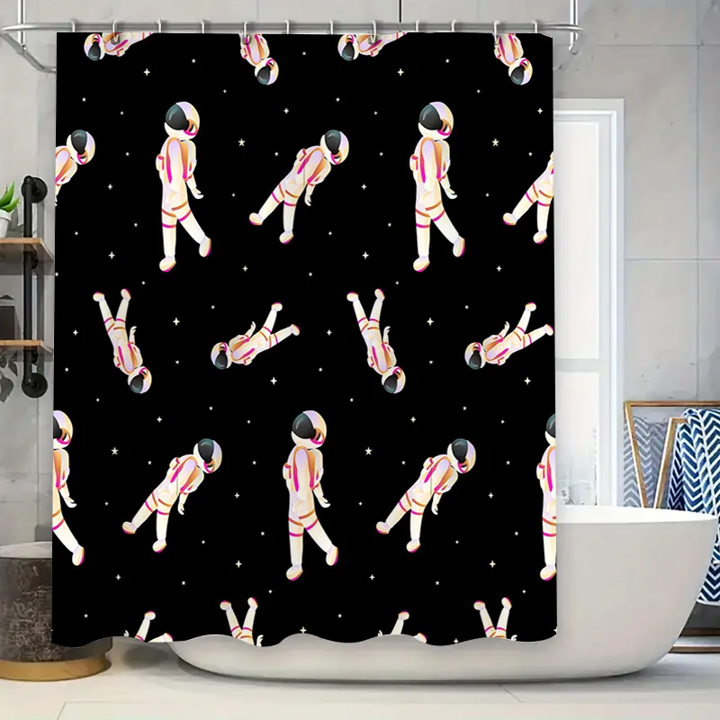 ¡Cortina de ducha de astronauta del espacio exterior, fondo negro con detalles rosas, perfecta para decoración del baño!