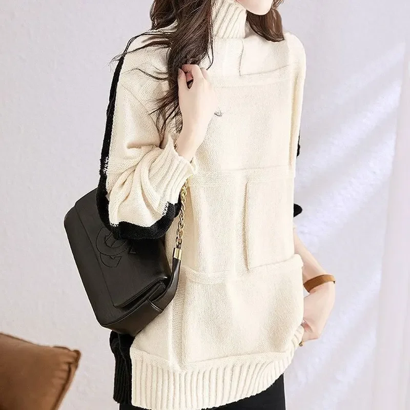 Korean Contrasting Colors Sweaters Autumn Winter Turtleneck Casual Loose Female Clothing Stylish Asymmetrical Knitted Jumpers