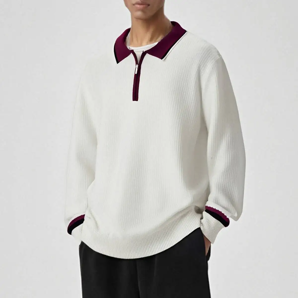 Autumn Men's Knitting Sweater With Zippered Neckline Contrast Color Lapel Design High End Fashionable Style