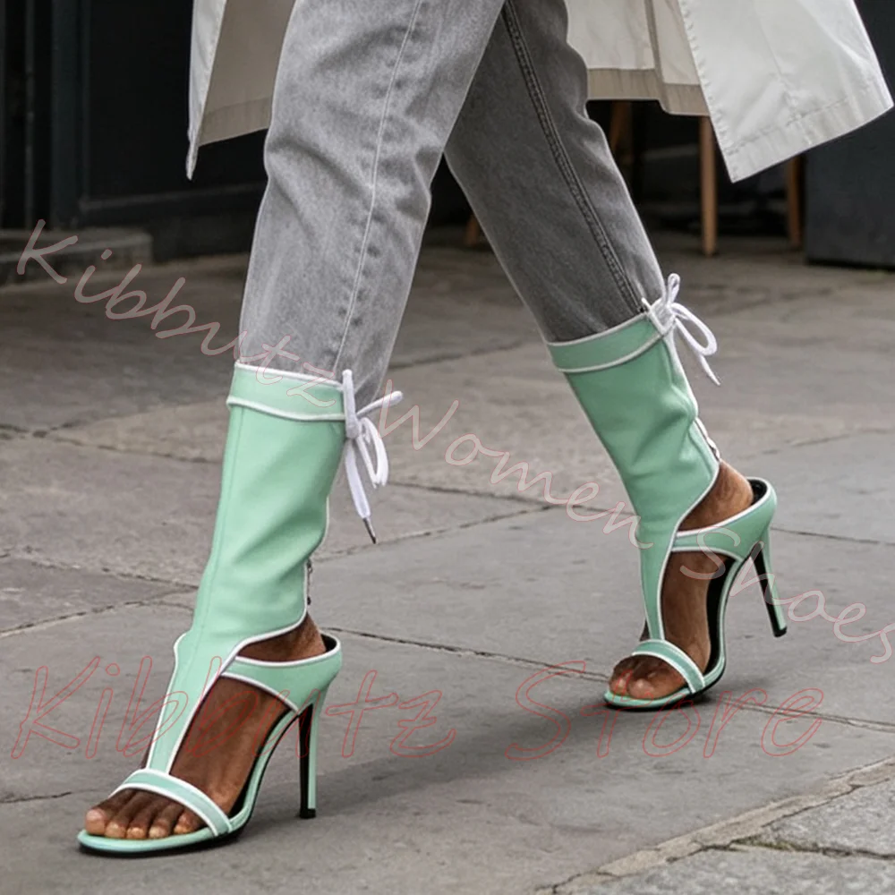 Botines de tacón de aguja con punta abierta y abertura lateral, con cordones y banda elástica, de cuero de color liso, sexys, para fiesta y desfile de moda, novedad.