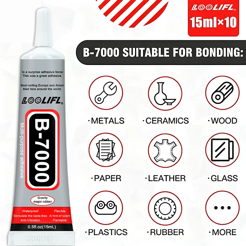 Looliflb7000 Multi-Purpose Adhesive Glue 15Mlx10 Pieces, Flexible, Waterproof, Anti-Vibration, Paintable Transparent Strong Glue, Suitable for Metal, Ceramics, Wood, Paper, Leather, Glass, Plastic, Jewelry, DIY Crafts, and Mobile Phone Screen Repair
