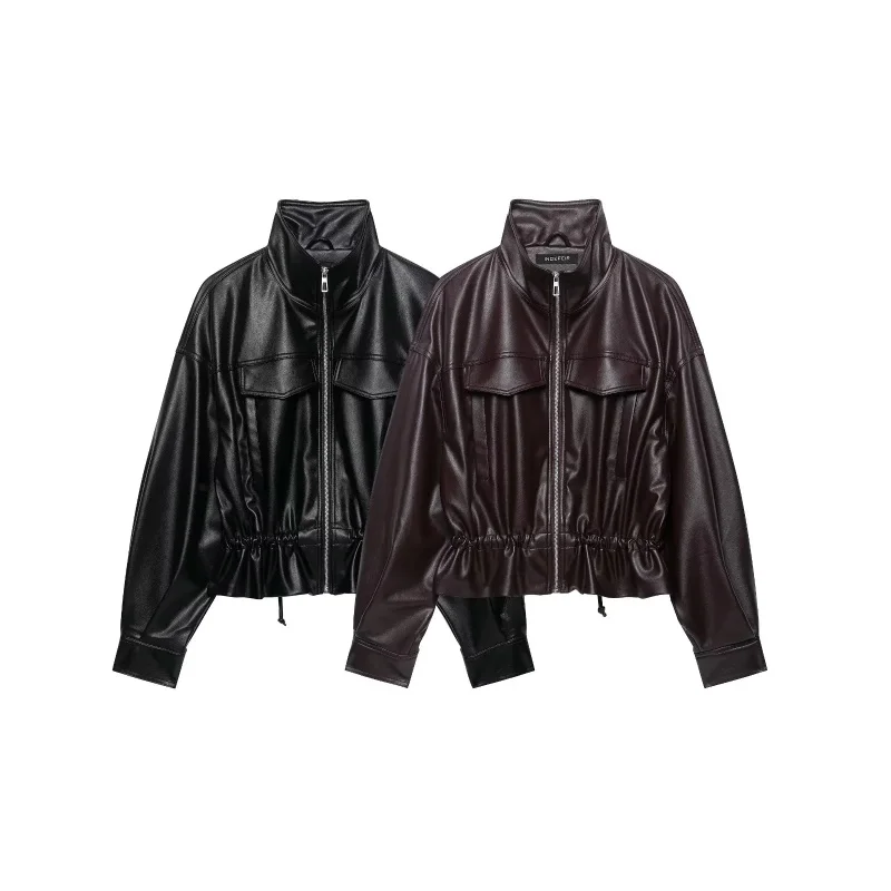 Women's Faux Leather Stand Collar Jacket Casual Long Sleeve Short Outerwear with Drawstrings Adjustable Waist Zipper Decorated