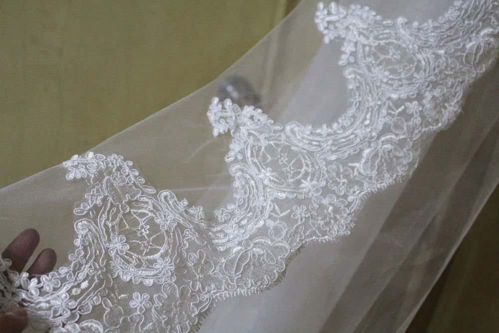 Velos de novia Blanc et Ivoire Dentelle Bord Purfle Longues katedra Mariage Voiles nowy voiles De mariage welon ślub