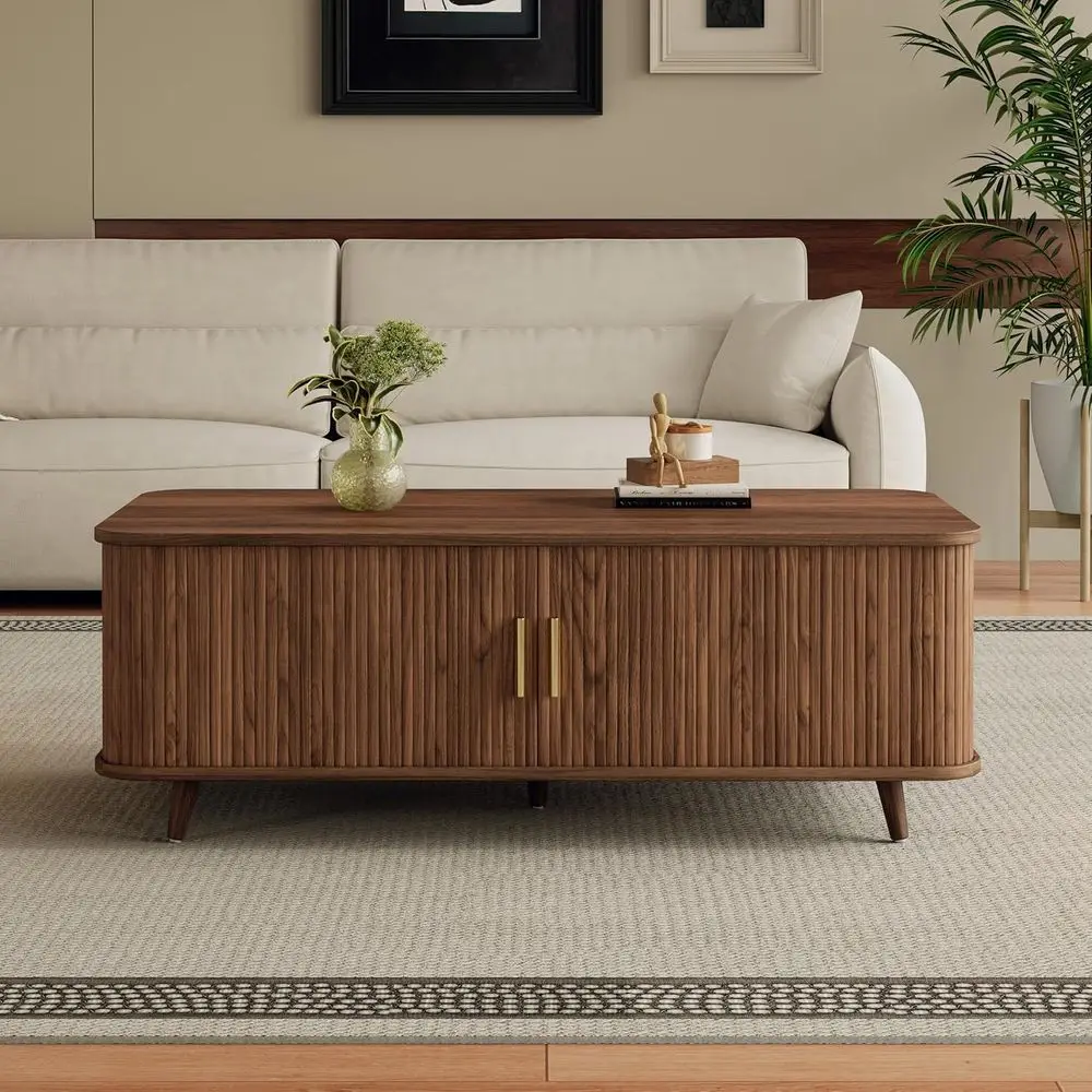 

Журнальный столик для хранения вещей с достаточным пространством, рифлеными панелями, 4 скрытыми полками, центральным чайным столом, раздвижной дверью