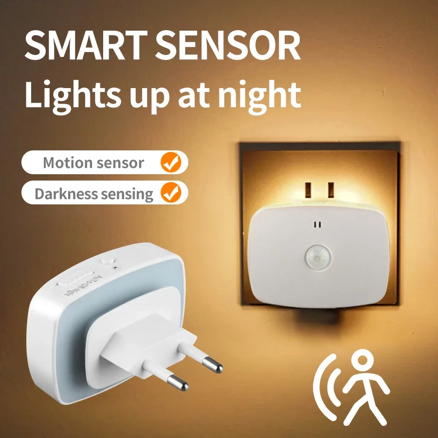 LED Night Light With Motion Sensor Lights EU Plug Socket Wireless Wall Lamp For Kitchen Bedroom Cupboard Closet Stairs Lighting
