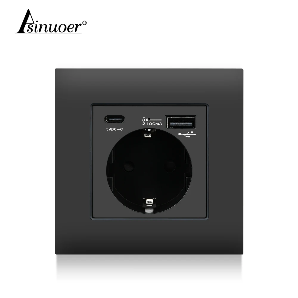 Black PC European USB Type C high-power 2100mAh fast charging socketRussia SpainSocket with USB charging supporting 5V