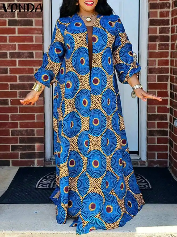 Plus Size 5XL VONDA Women Autumn Dress 2024 Printed Sundress Vintage Party Maxi Long Dress Beach Loose Robe Casual Vestidos