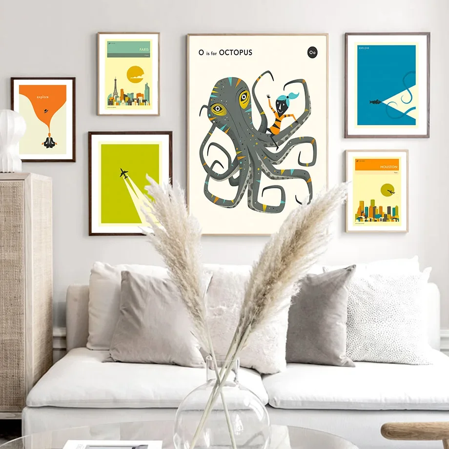 Houston Rocket Ship Explore Octopus Paris Wall Art Canvas Painting Nordic Posters And Prints Wall Pictures For Living Room Decor