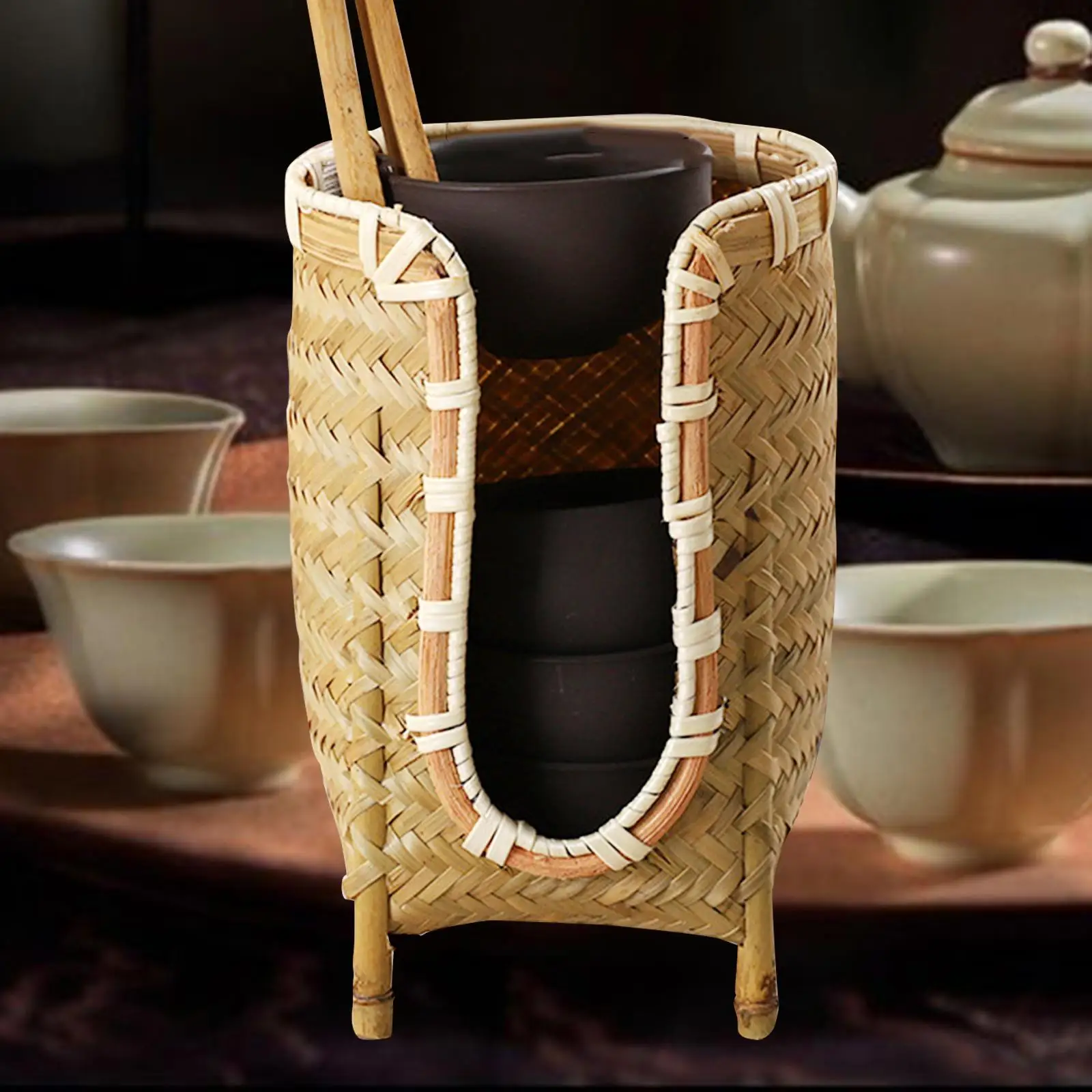Bamboo Cups Holder Woven Tea Cup Storage Organizer for Countertop Coffee Cup Dispenser Rinsing Cups Bathroom Vanity Accessory
