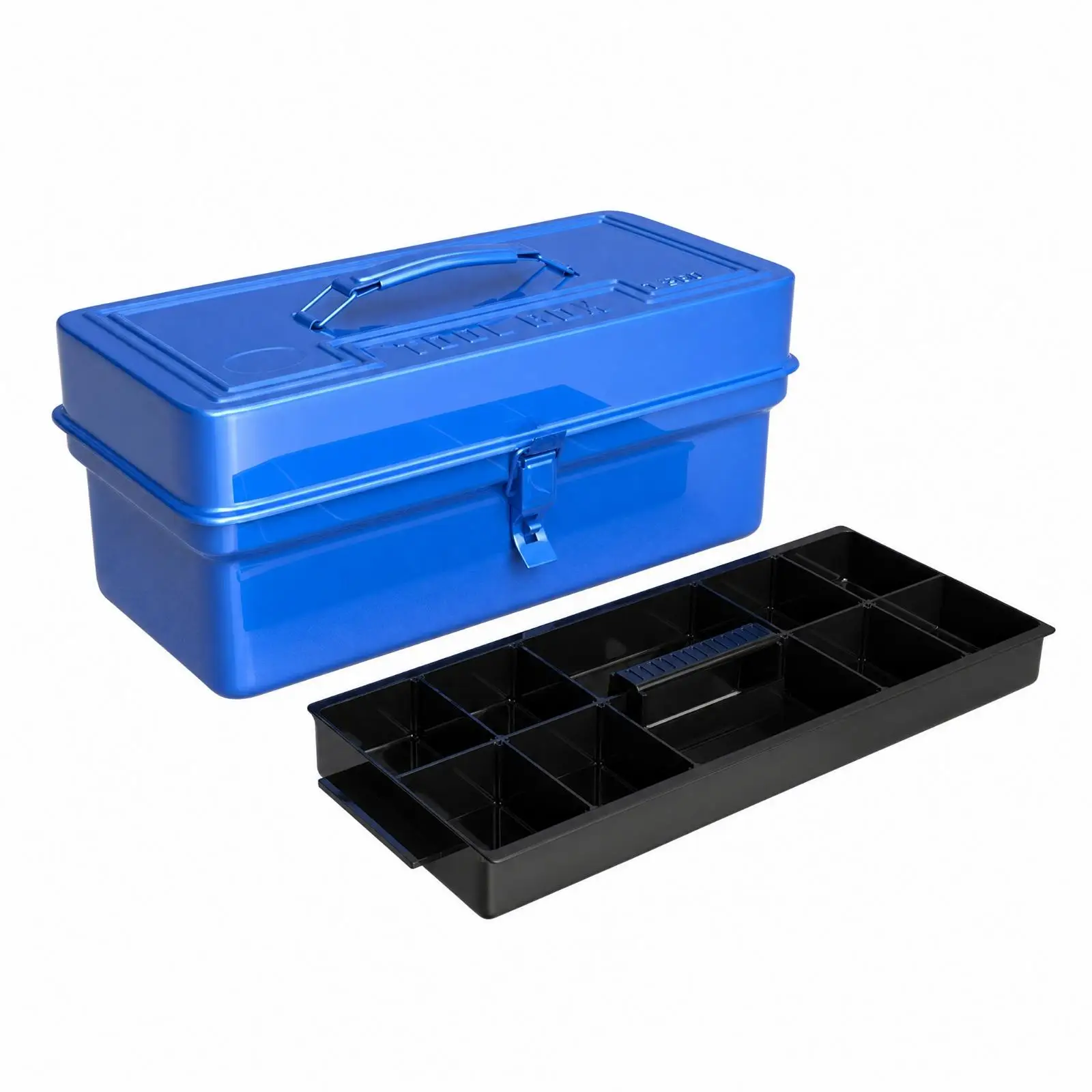 Rugged Metal Industrial Chest with Secure Front Latch and Adjustable Compartment Tray for Garage Workshop Vehicle Transport
