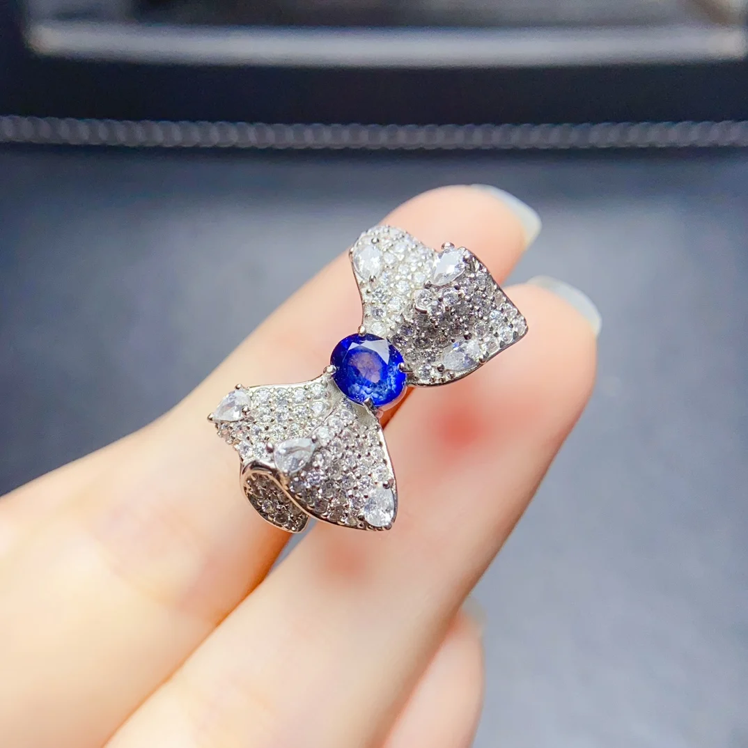 FS 5*6mm Natural Sapphire S925 Sterling Silver Zircon Bow Ring for Women Fine Fashion Charm Weddings Jewelry Certificate MeiBaPJ