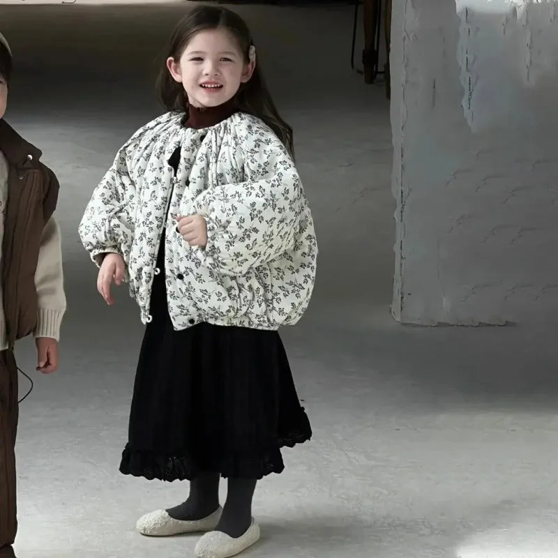 

Winter Children Coat Kids Floral Casual All-match Warm Fashionable Outerwear Baby Girls Cotton Paded Jacket Kids Clothes
