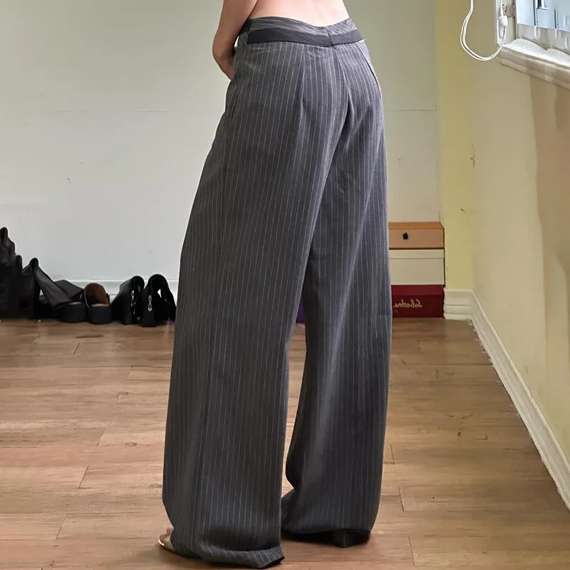 Temperament European and American style casual striped double waist suit pants sexy low waist loose lazy wide leg straight pants