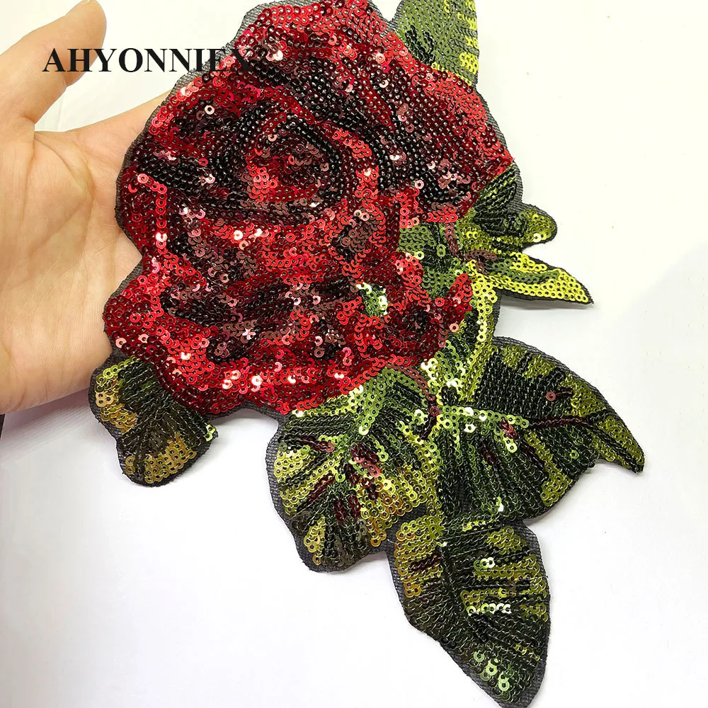 22CM*18CM Rose Flower Patch Sequins Sticker Sew On Patches for Clothing Applique Embroidery DIY Accessories