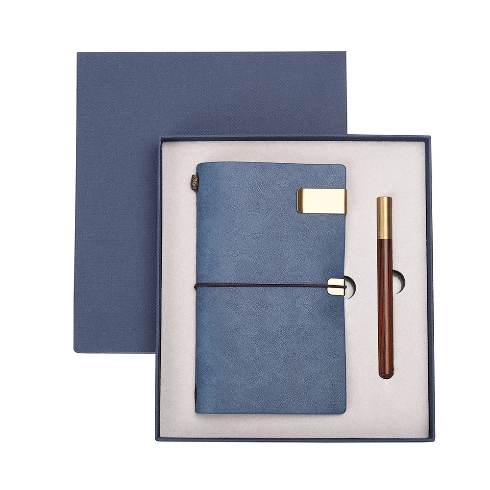 

A6 Handbook Mahogany Pen 2-piece School Notebook Gift Box Set Strap Travel Diary Embossed Logo