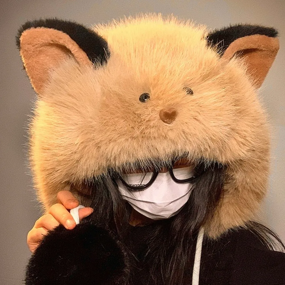 Cute Cat Ear Warm Winter Hat Thickened Fur Ball Pom Earflap Hat Ear Protection Flap Windproof Windproof Winter Cap Women
