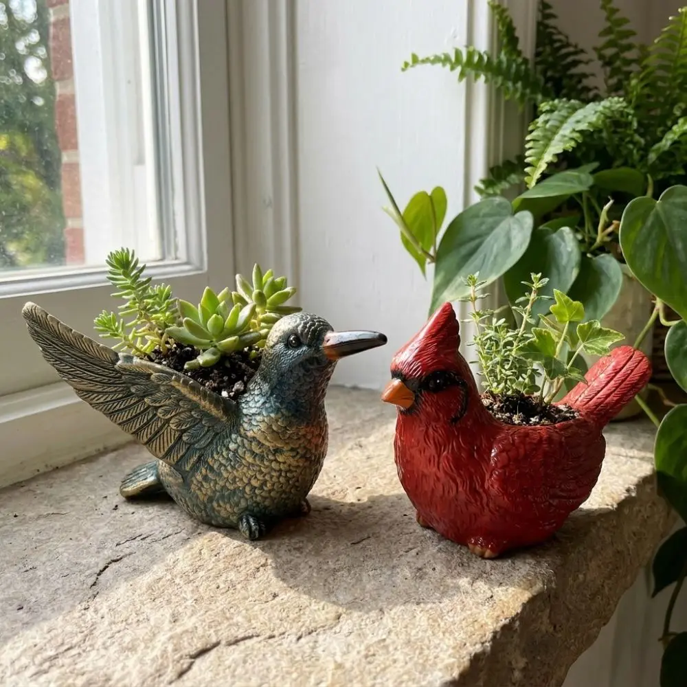 Resin Lively Bird Plant Pot with Drainage Hole Hummingbirds Bird Shaped Planter Wide Opening Novelty