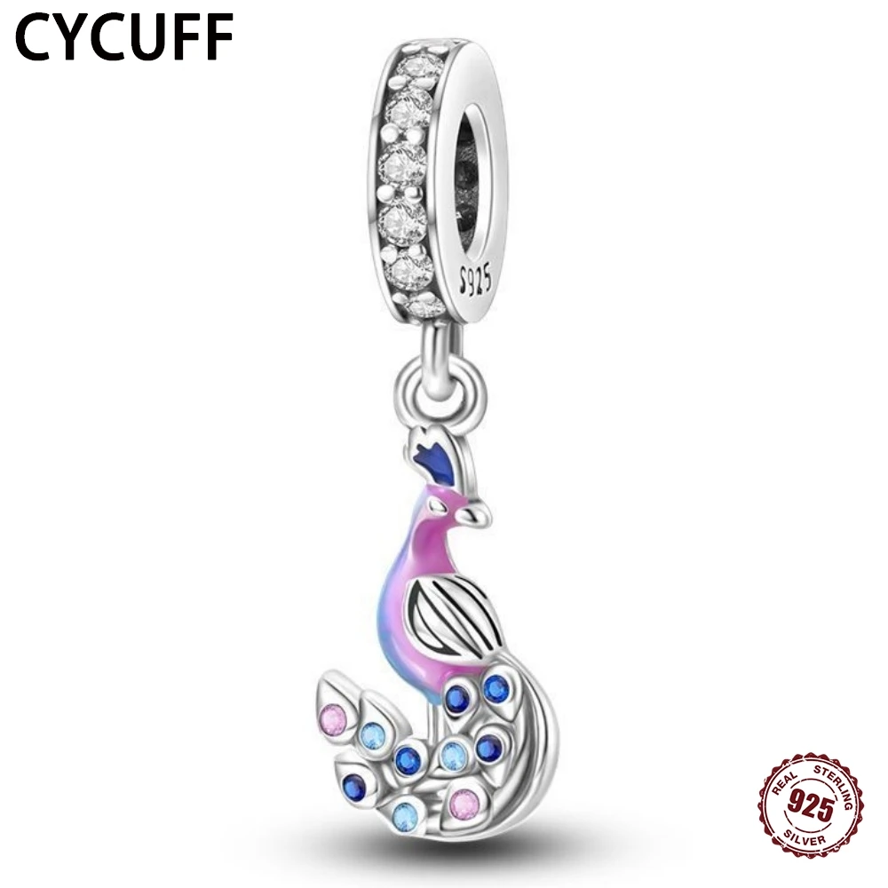 

CYCUFF 925 Silver Blue-purple peacock Beads Charms DIY for Women charm Bracelet Jewelry Gift Party Fine Accessories Wholesale