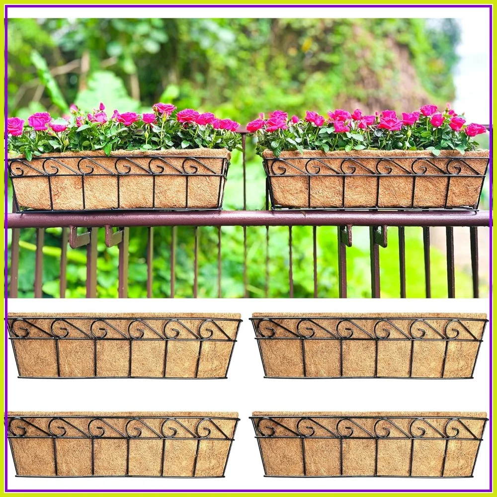 

24 Inch Wall Mounted Planters 4 Pack - Metal Window Flower Boxes with Coco Liners for Balcony, Deck, Fence, Patio, Porch