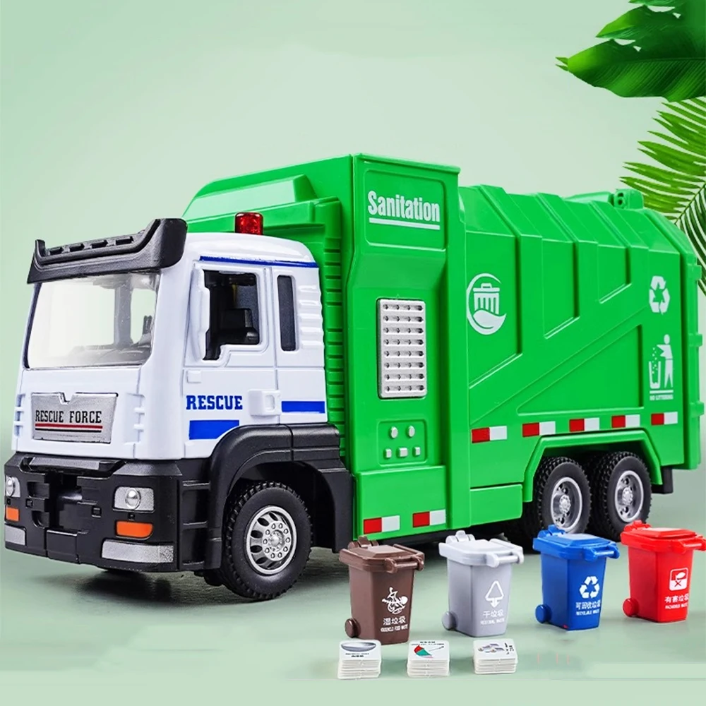 Camión de basura sanitario 1:50, modelo de juguetes de Metal fundido a presión, barredoras de calle en miniatura, puertas con luz de sonido, espalda abierta, regalos para niños