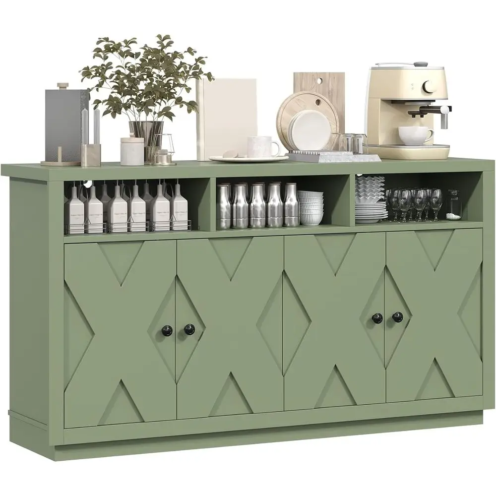 

59'' Dining Room Sideboard with 4 Doors & 3 Open Shelves, Wooden Storage Cabinet for Kitchen and Dining Area