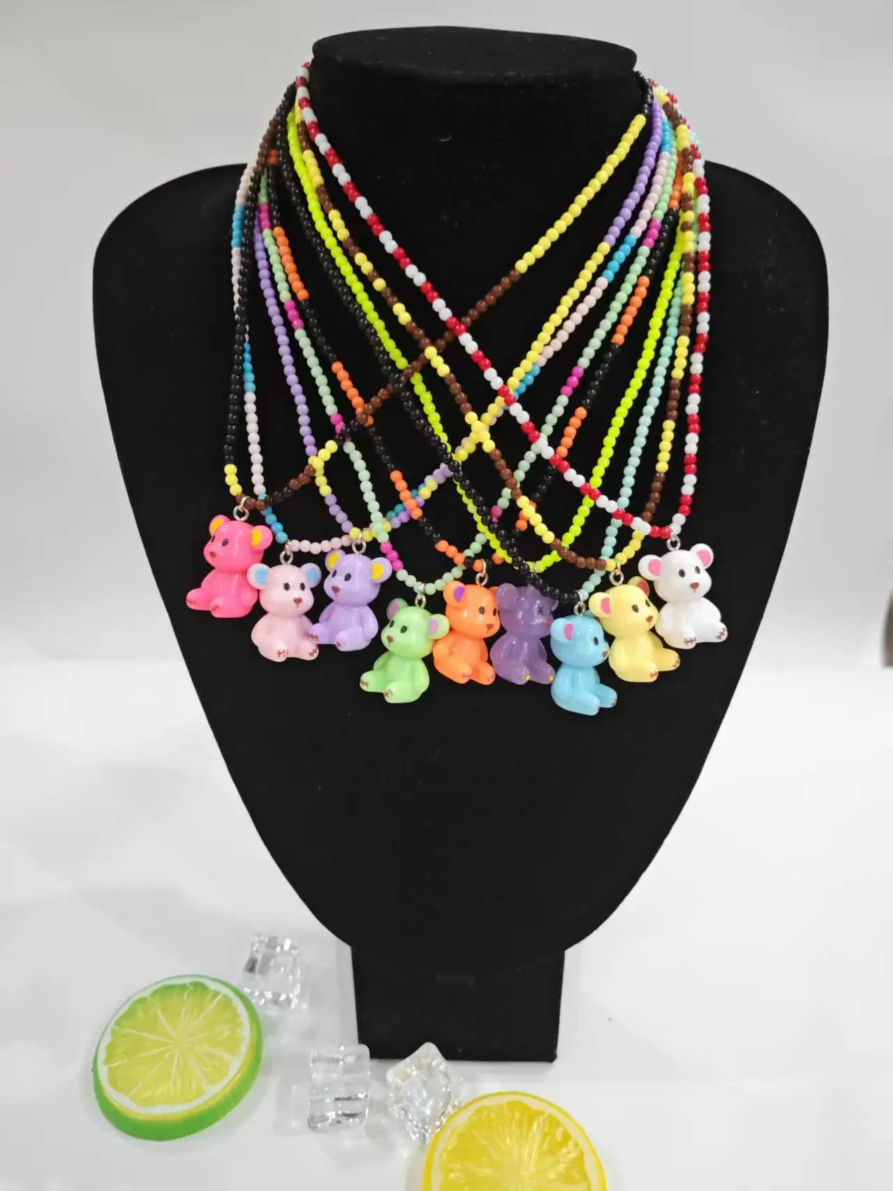 

Handmade Colorful Gummy Bear Pendant Choker Resin Multicolor Rice Beaded Necklace for Women Girls Gifts