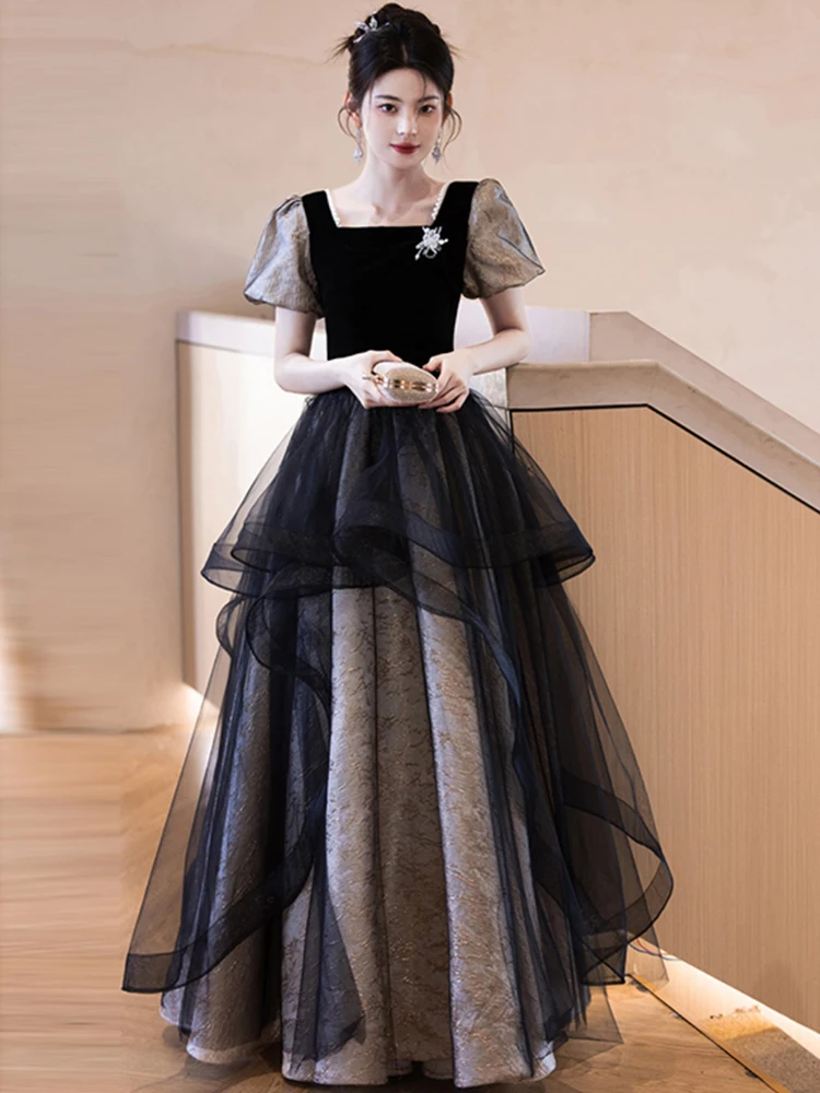 black-tulle-prom-gowns-for-women-summer-patchwork-short-sleeve-evening-dress-elegant-square-neck-birthday-party-dresses