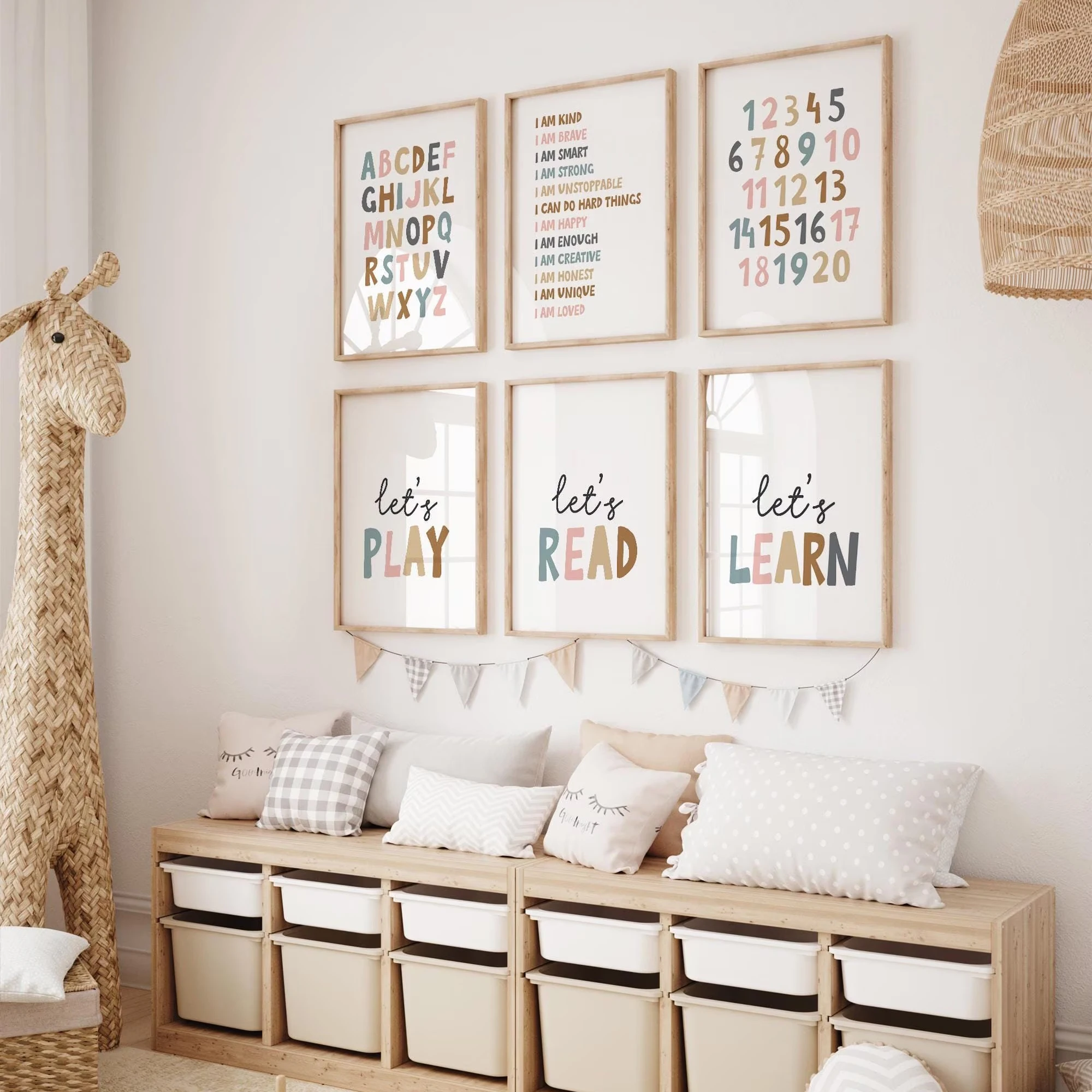 Lot de 6 affiches sans cadre pour décoration de salle de jeux, thème neutre pour les deux sexes, avec affirmations positives et enseignes d'apprentissage de l'alphabet, thème « Je suis »