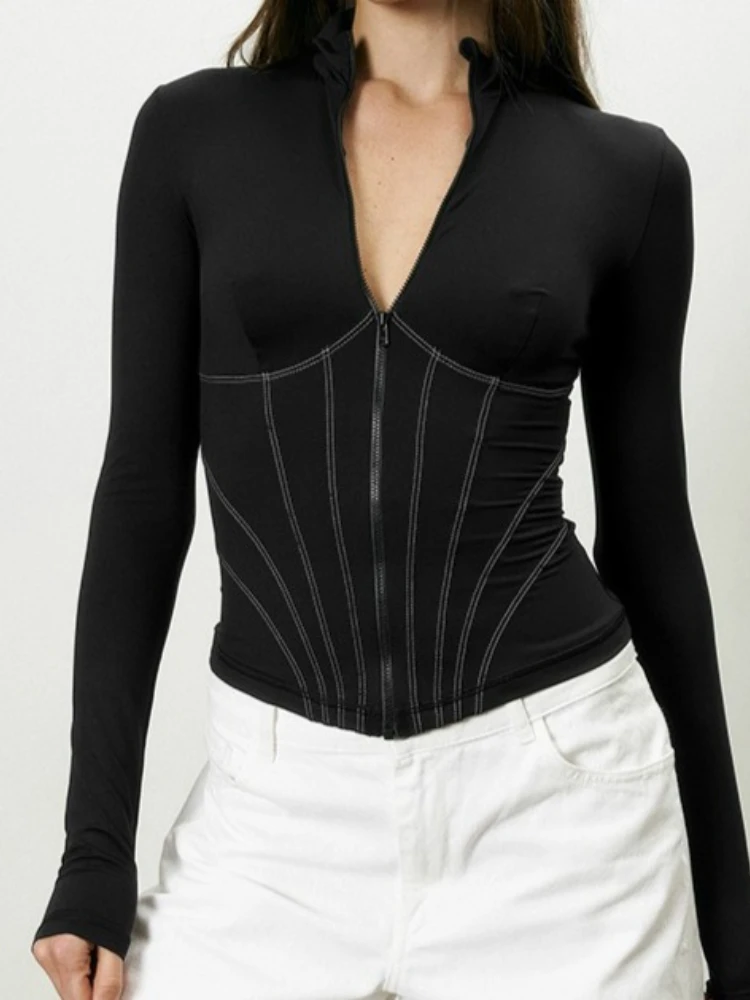 

SsTss Женская спортивная куртка 2025 Осенняя полоска с воротником-стойкой и длинным рукавом на молнии Тонкое тренировочное пальто Узкая одежда для йоги Кардиган для фитнеса