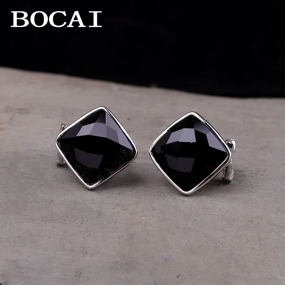 

BOCAI New S925 Silver Jewelry Simple and Beautiful Cut Black Agate Earrings With Fashionable Earrings for Women