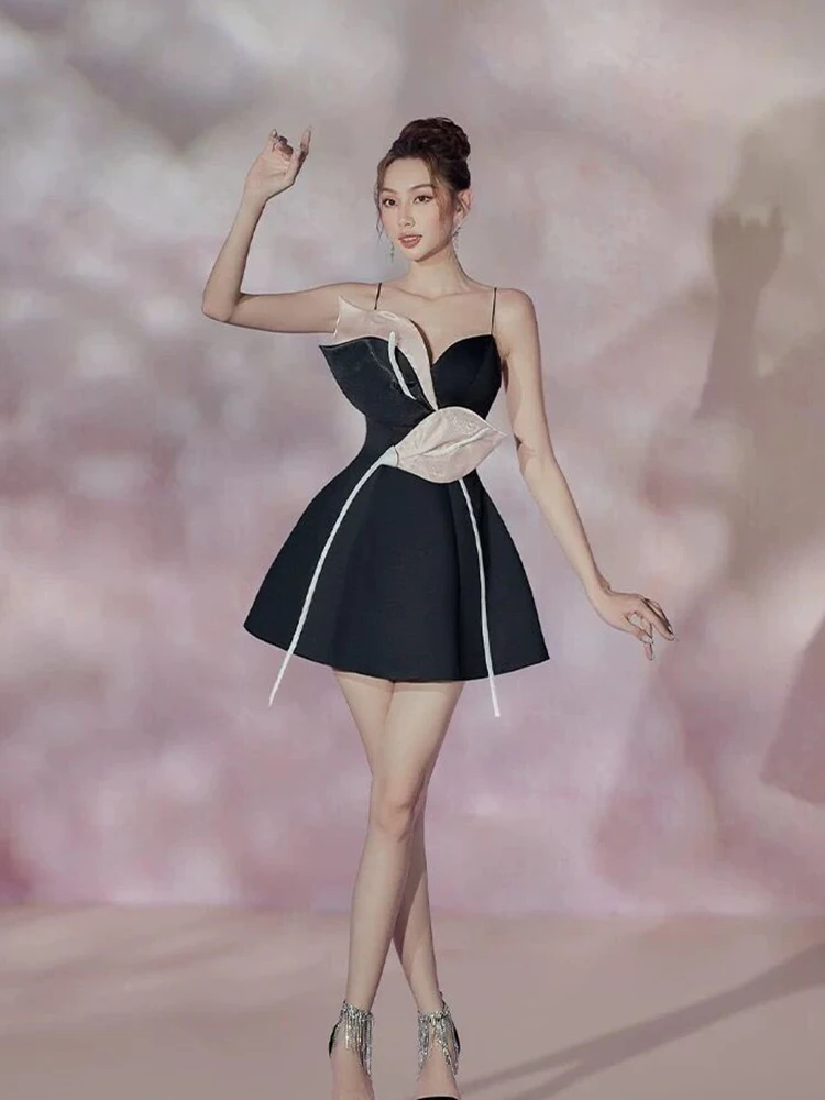 Vestidos de tirantes ajustados con retazos de flores en 3D, vestido negro sin mangas de primavera para mujer, minivestido camisola de cintura alta con cremallera para verano