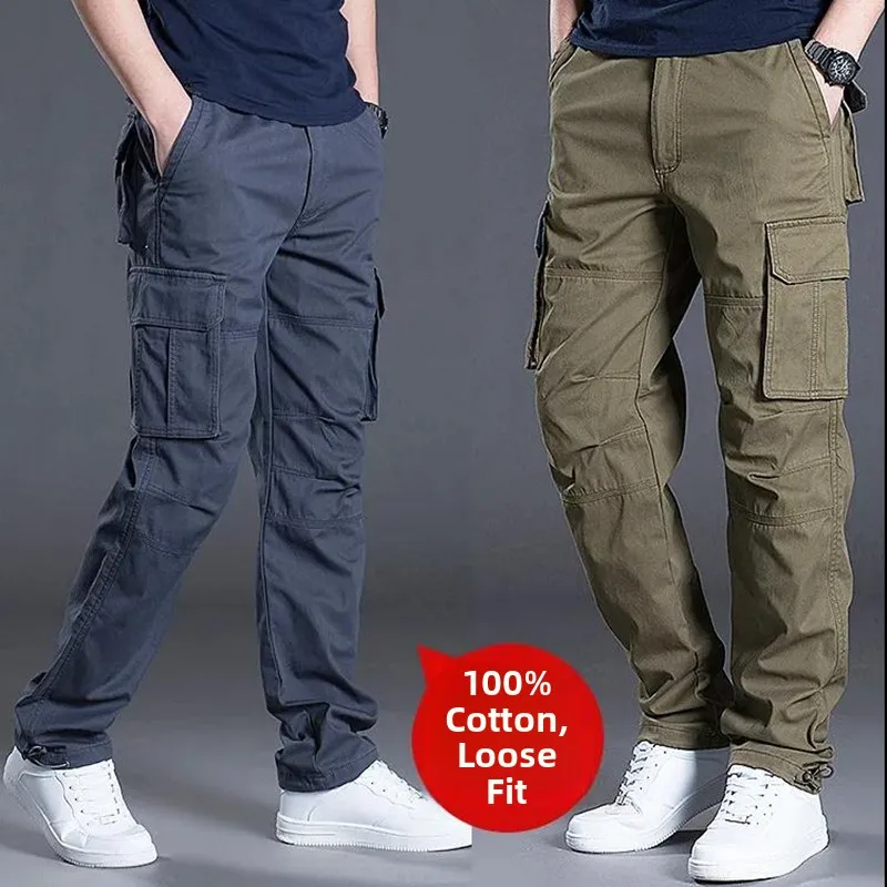 

Мужские рабочие брюки прямого кроя, повседневные, утолщенные, с множеством карманов, для отдыха, весна-осень-лето, с высокой талией, длинные