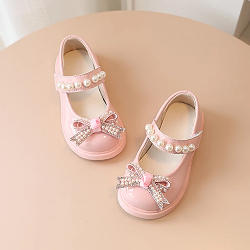 Girls Leather Shoes Children Spring Autumn Kids Girls Leather Pearl Bow Soft Casual Flats Princess Vintage Round Toe Shoes