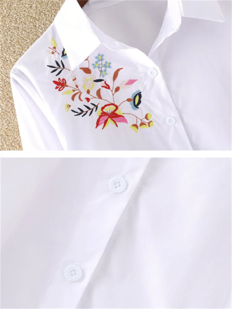 New Cotton Blouses For Women Embroidered Shir Women\'s Shirts Long sleeved Bottom Tops Basic Cardigan Blouse White Female Shirt