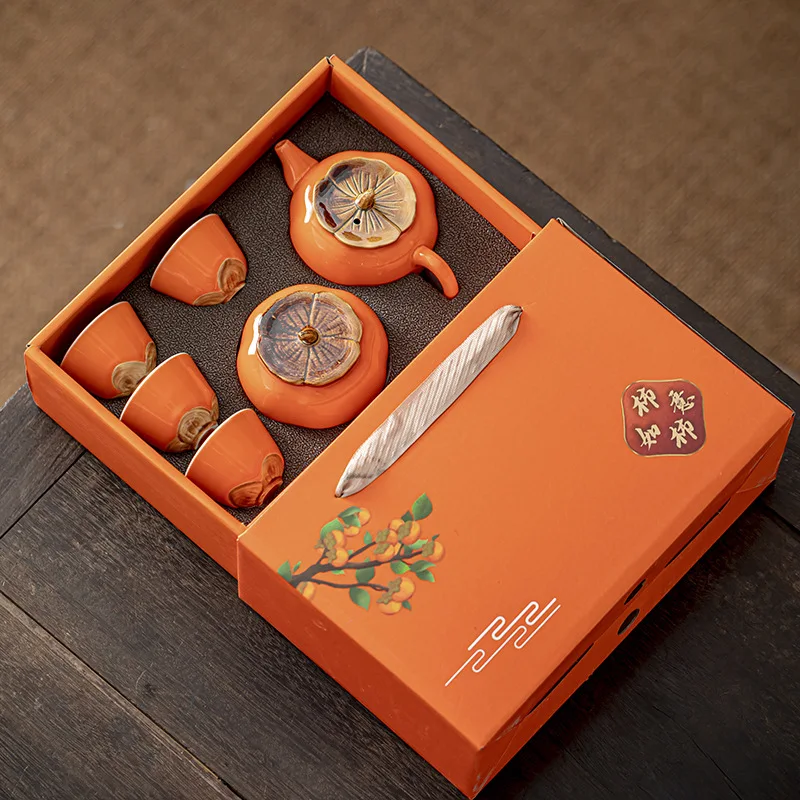 

Ceramic Persimmon Ruyi Tea Set Gift Box Set Persimmon Tea Pot Tea Can Tea Cup Kung Fu Tea Set