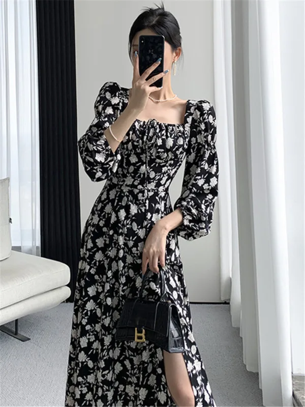 French square neck bubble sleeve casual slim fit floral dress for women's 2024 spring autumn new chiffon style long dress XOLI