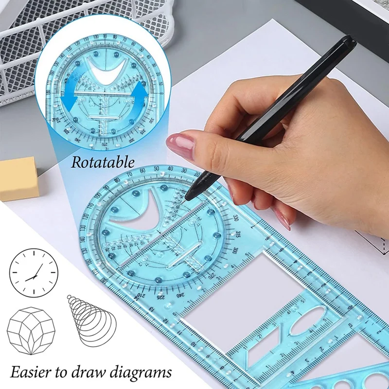Multifunctional Geometric Ruler, Geometric Drawing Template Measuring Tool Draft Rulers For School Office With Pencil