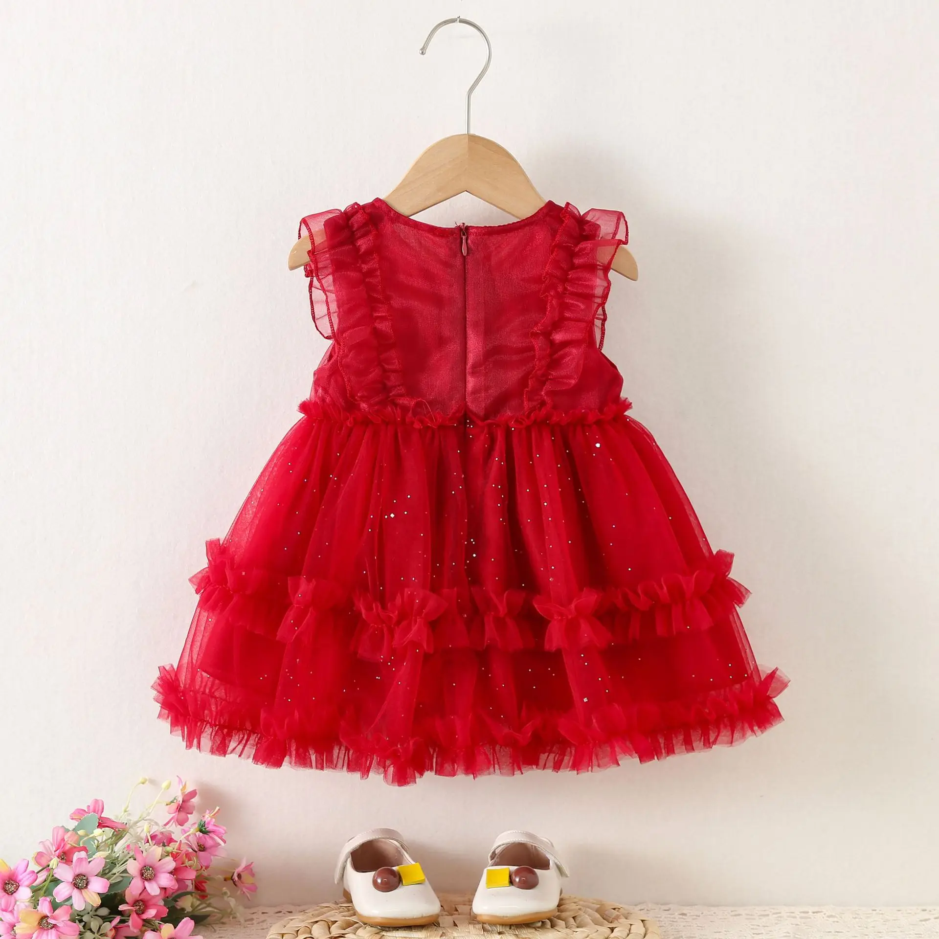 New Baby Girl Red Birthday Party Evening Dress Summer Butterfly Children's Clothing Sweet Shiny Toddler Clothing