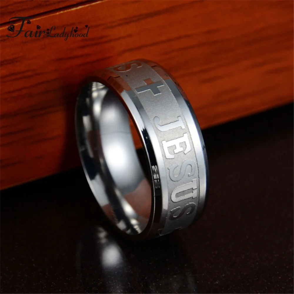 FairLadyHood TOP Quality Catholic 8mm Titanium Steel Silver Color Rose Gold Color Jesus Cross Letter Bible Wedding Band Ring Men