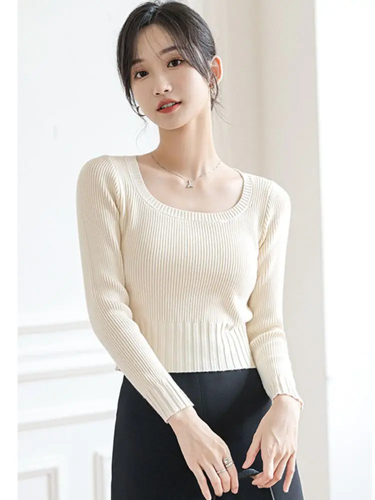 

2023 Women Spring Autumn Fashion Short Sweater Tops Female Square Neck Knitted Tops Ladies Slim Long-sleeved Pullovers T261