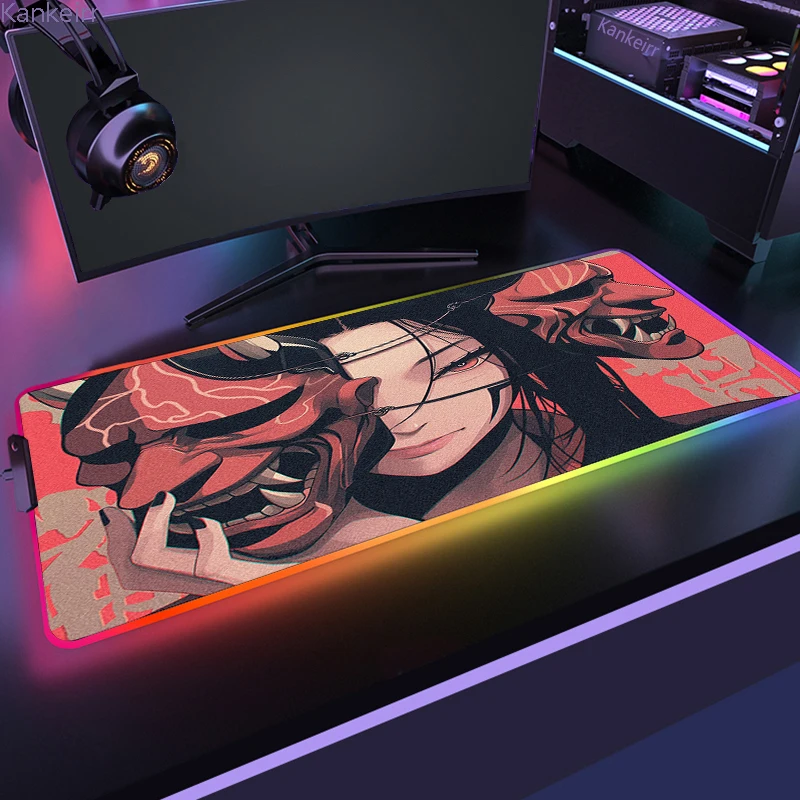 Grande RGB Samurai Devil Mask Backlight Mat, Anime Girl Large Mousepad, Teclado Gamer personalizado HD, PC Gaming LED Pad