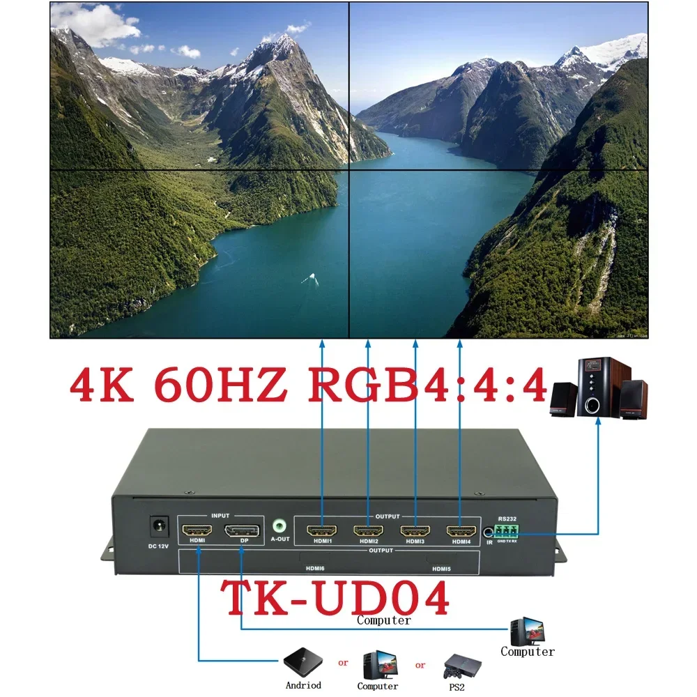 

Контроллер видеостены 2x2 4K Цвет поддерживает 2X2 1X2 2x1 1x3 3x1 1x4 4x1 режим RGB444, 4K, 60 Гц