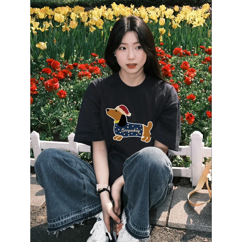 

Pure Cotton ort Sve T-irt Women's Mid-Length American Sle Spring Summer Print Slimming Korean Version Retro Dopan...