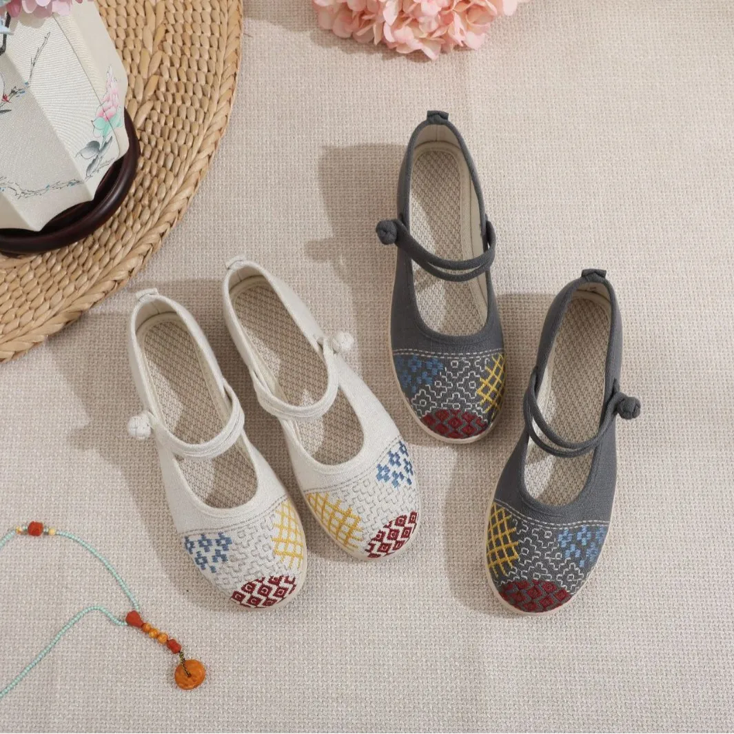 

Women's Gray/Beige Linen Patterned Mary Jane Comfort Flat Shoes for Daily Casual Q-145