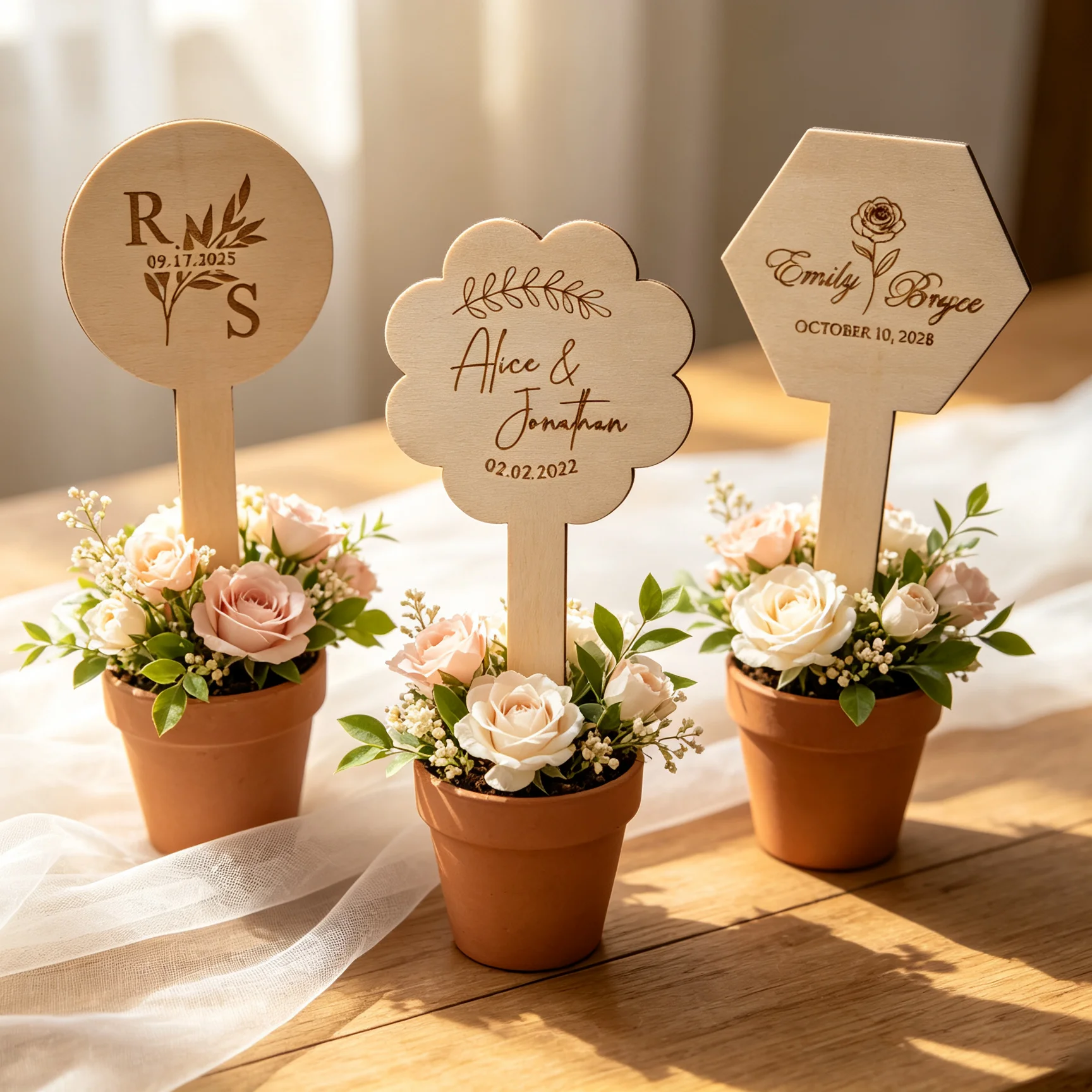  Personalized Wooden Plant Tags for Wedding Favors, Custom Plant Markers, Rustic Wedding Place Cards, Plant Vegetable stakes