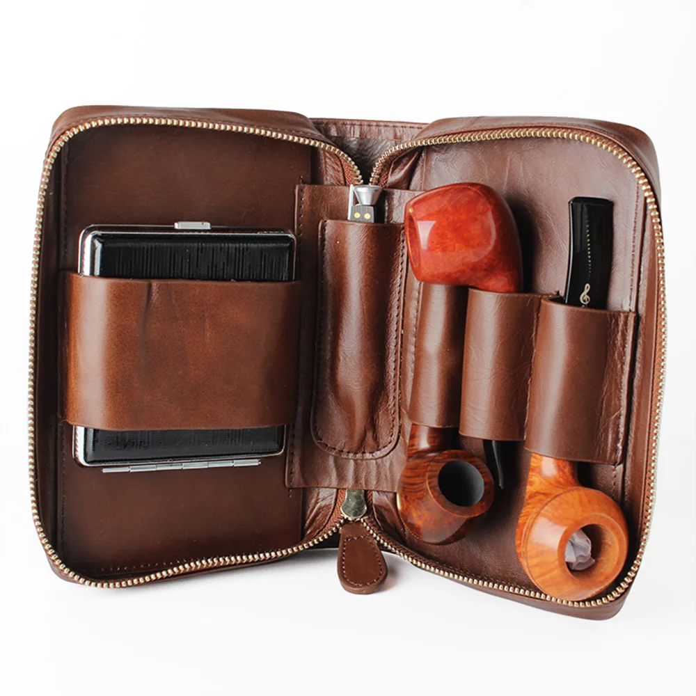 MUXIANG genuine cowhide bag, portable deodorant pipe bag, briefcase, can hold three tobacco pipes, cigar accessories