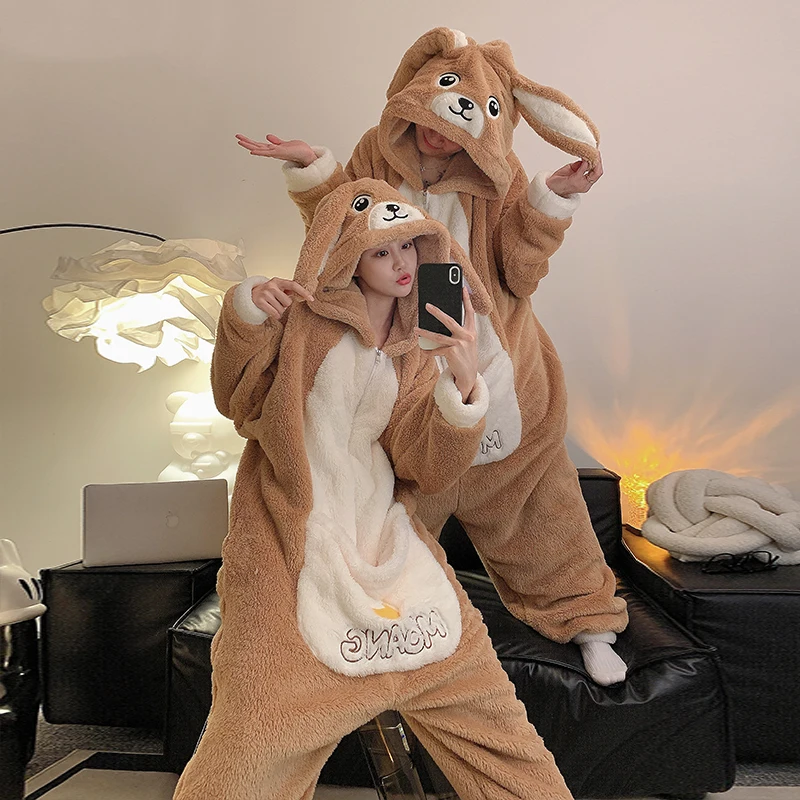 

kangaroo Couples Pajamas Jumpsuits Women Men Adult Winter Thicken Hooded Pyjamas Sleepwear Korean Loose Onesie Soft Warm Home