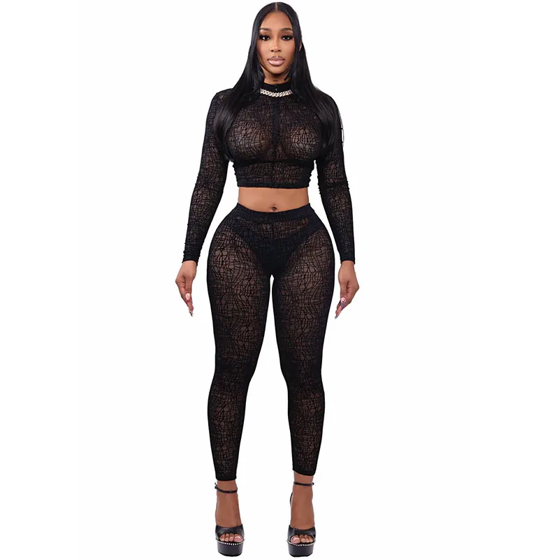 Doyerl Sheer Mesh 2 Piece Set Women's Matching Sets Club Wear Party Rave Long Sleeve Crop Top and Pencil Pants Ensemble Femmes